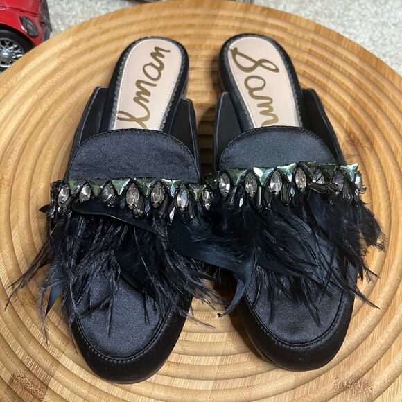 Sam Edelman Landis Flat Slip On Women’s Rhinestones Feathers Flats Black loafers - Picture 1 of 9